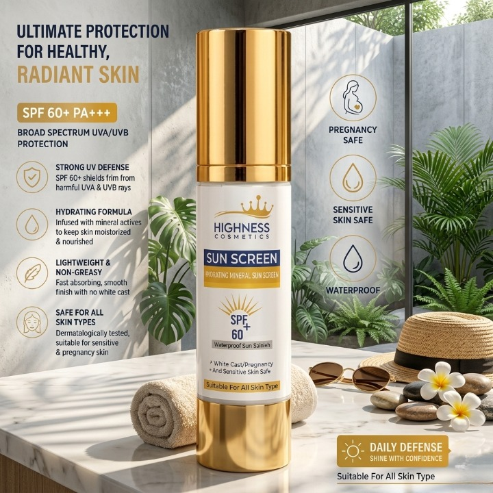 Highness Cosmetics Hydrating Mineral Sunscreen SPF 60 Plus PA Triple Premium Royal Shield Formulaested Formula 100ml Highness Cosmetics Hydrating Mineral Sunscreen SPF 60 Plus PA Triple Premium Royal Shield Formulaested Formula 100ml