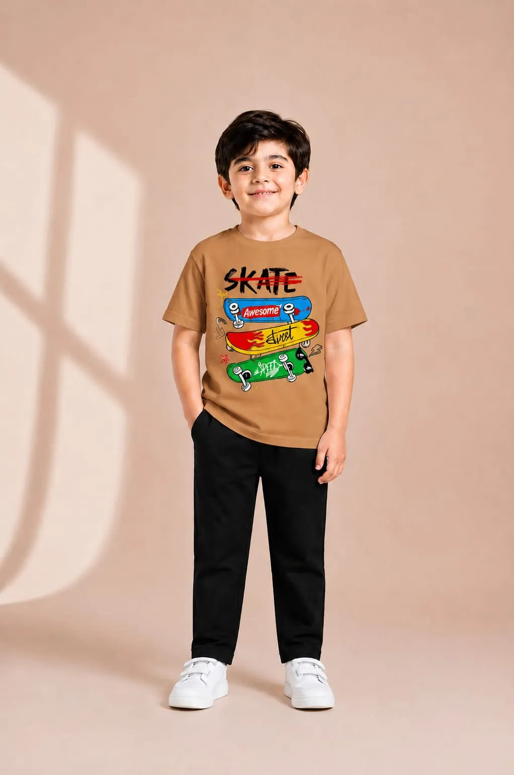 Kids Printed Track Suit Brown T-Shirt + Black Trousers Kids Printed Track Suit Brown T-Shirt + Black Trousers