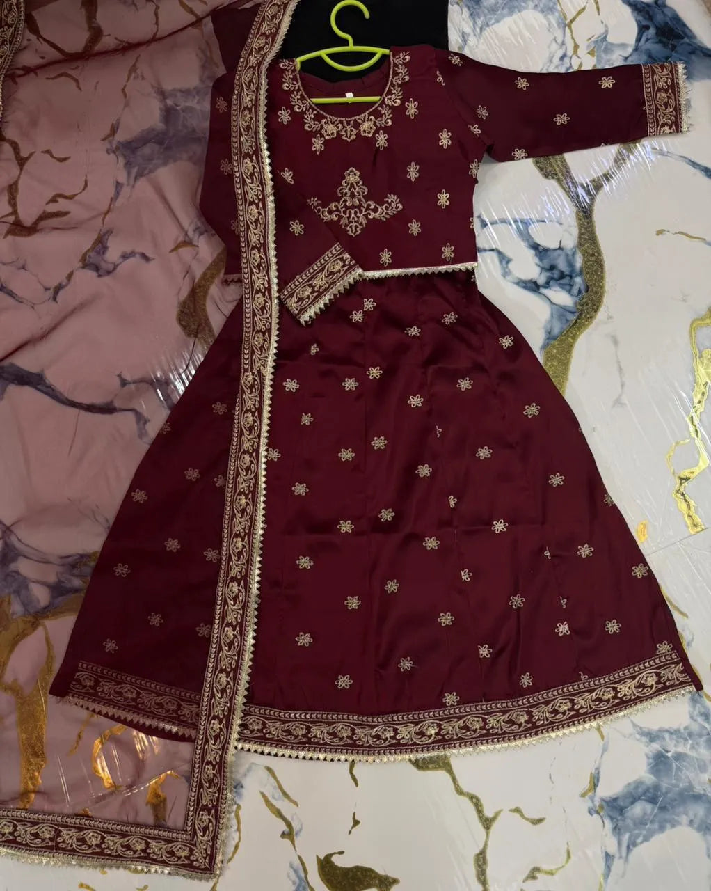 Maroon Shamoz Silk 3-Piece for Girls 5-12 Years Maroon Shamoz Silk 3-Piece for Girls 5-12 Years