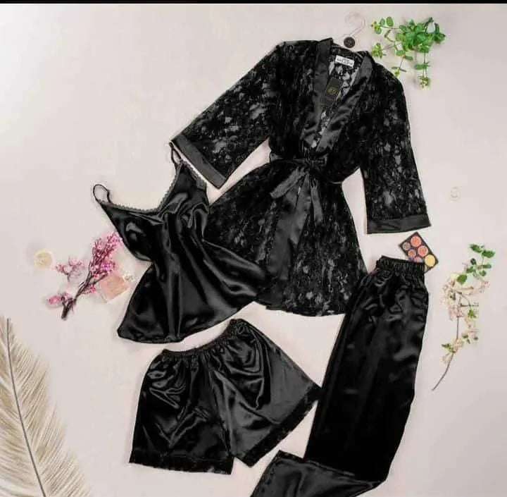 Black Lace Nighty Set 4 Pcs Luxurious Silk Black Lace Nighty Set 4 Pcs Luxurious Silk