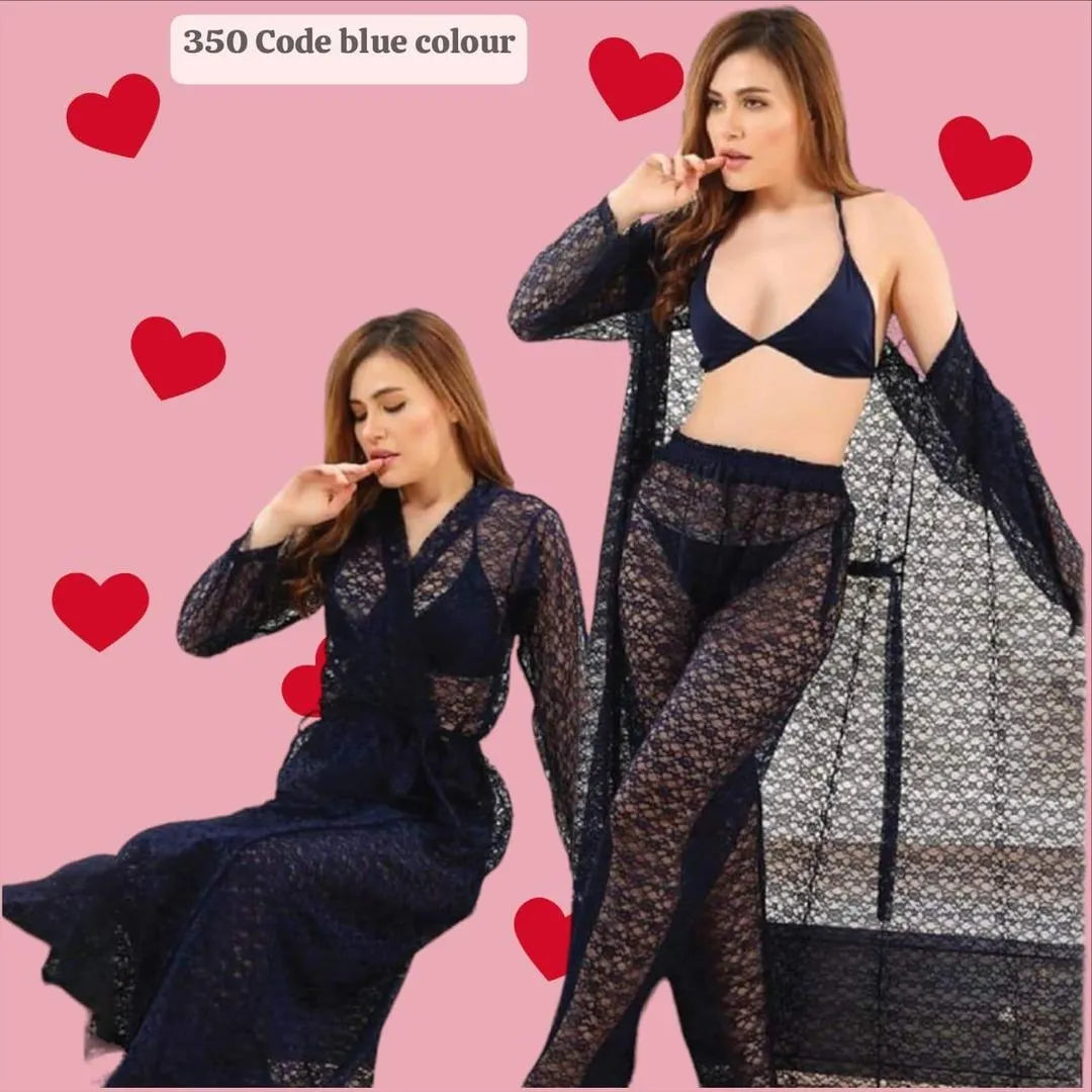 4 Piece Lace Nightwear Set Blue Premium Quality 4 Piece Lace Nightwear Set Blue Premium Quality