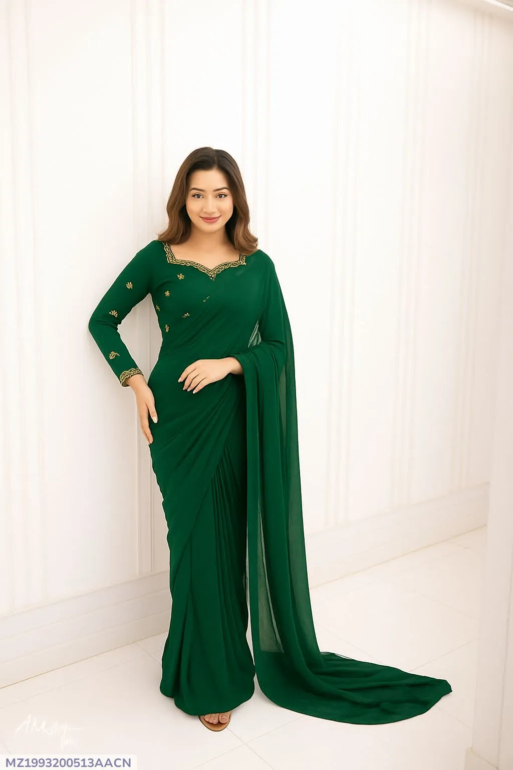 Stitched Chiffon Saree Green Embroidered Blouse Set Stitched Chiffon Saree Green Embroidered Blouse Set