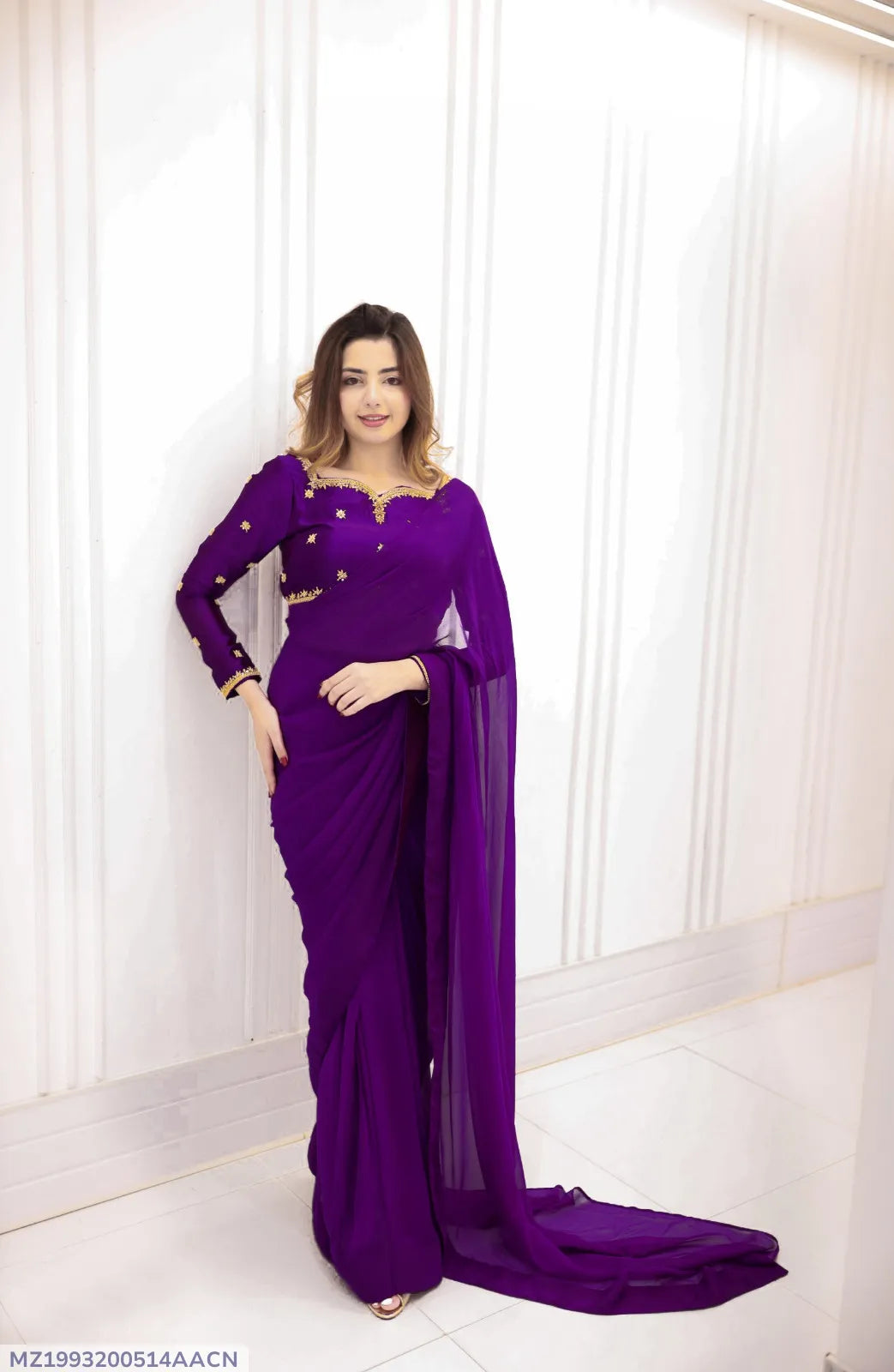 Purple Embroidered Saree Set Size 20 Inch Silk Purple Embroidered Saree Set Size 20 Inch Silk