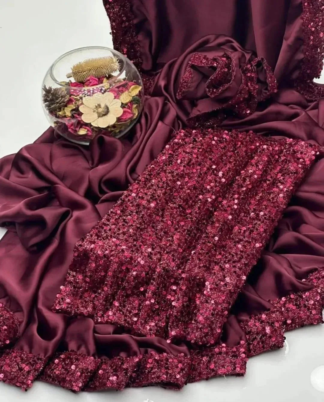 Maroon Sequins Embroidered Saree Set 7 Yard Shamoz Silk Maroon Sequins Embroidered Saree Set 7 Yard Shamoz Silk