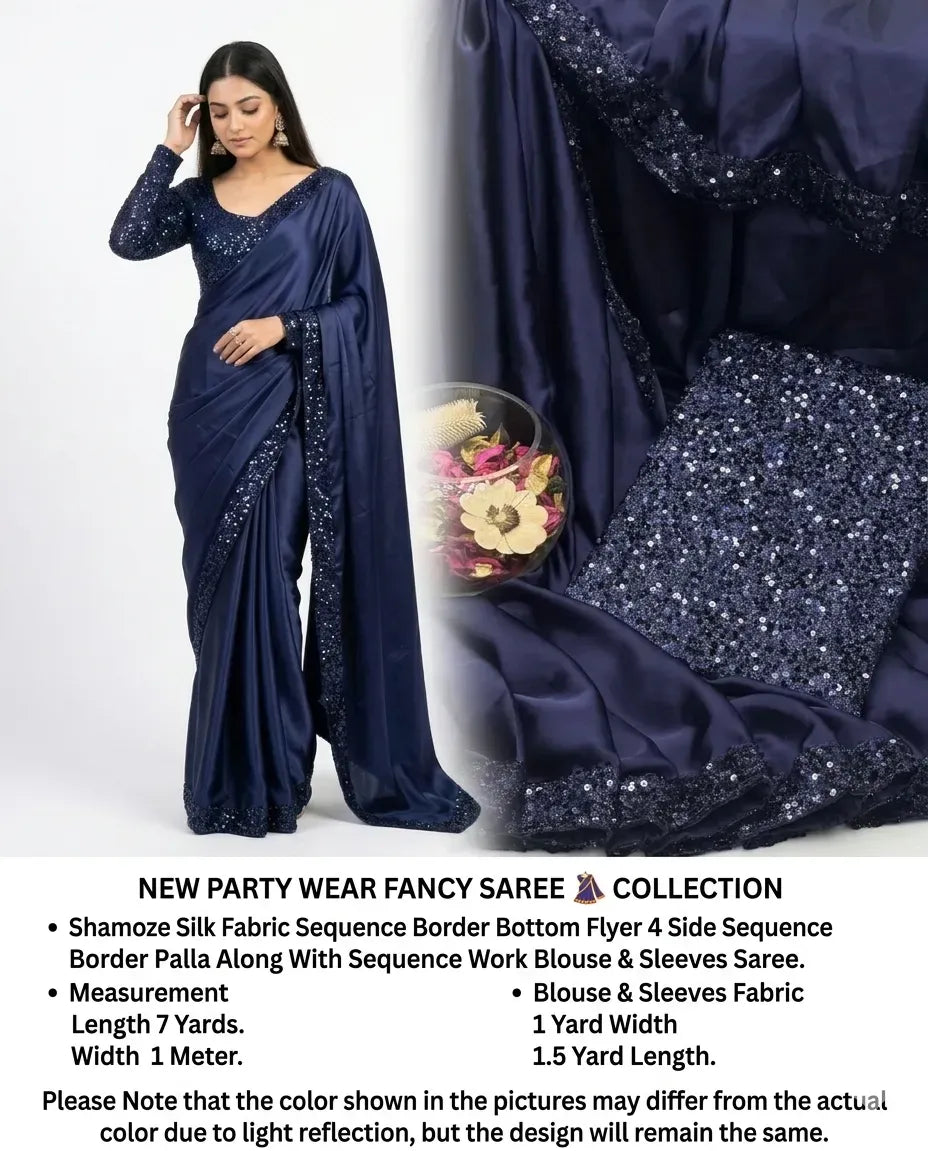 Blue Sequins Embroidered 7 Yard Shamoz Silk Saree Blue Sequins Embroidered 7 Yard Shamoz Silk Saree