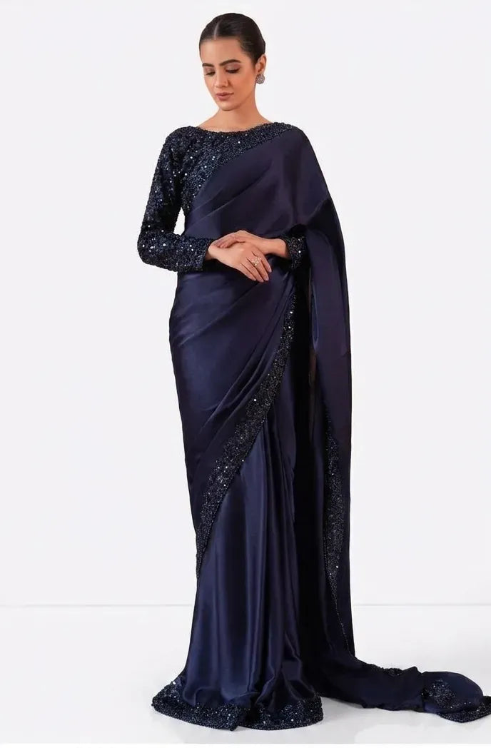 Blue Sequins Embroidered 7 Yard Shamoz Silk Saree Blue Sequins Embroidered 7 Yard Shamoz Silk Saree