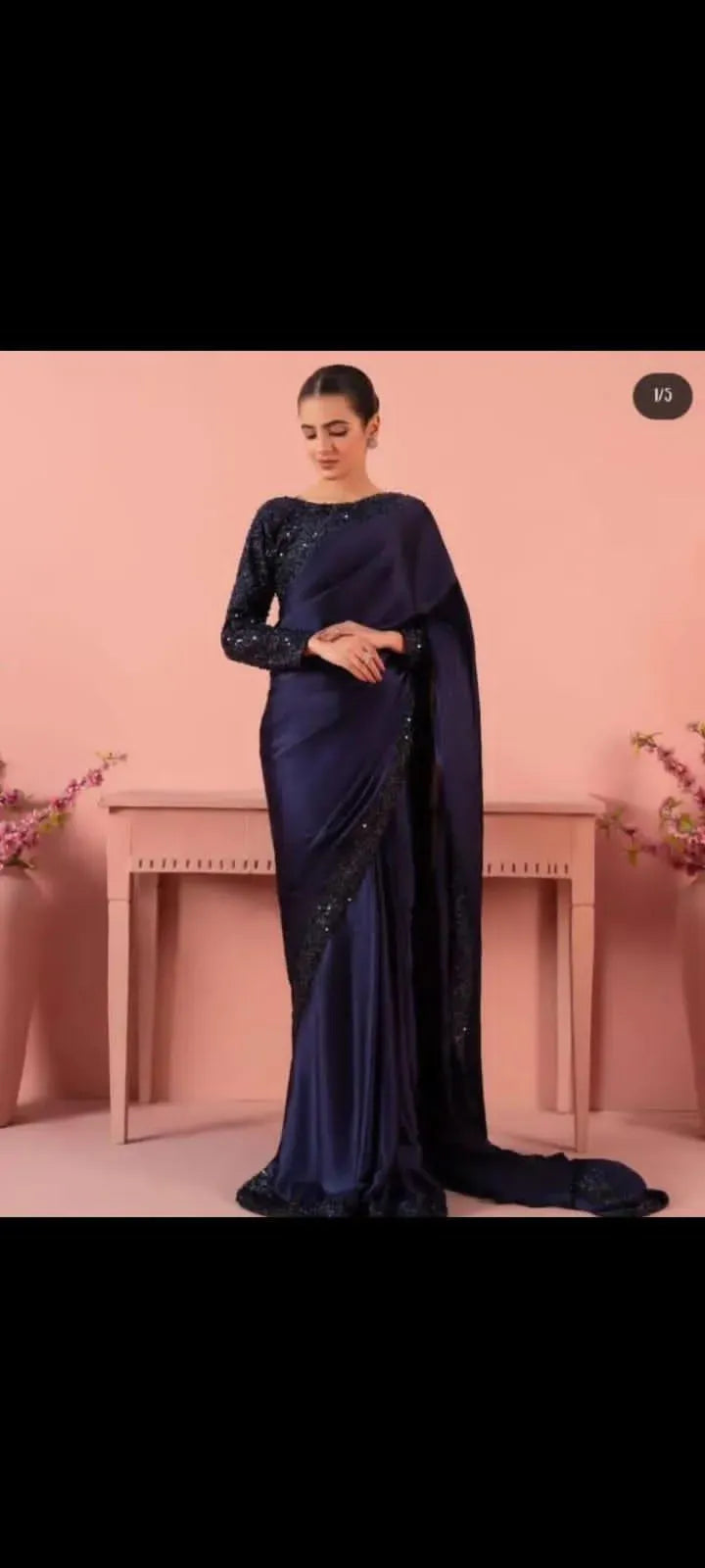 Blue Sequins Embroidered 7 Yard Shamoz Silk Saree Blue Sequins Embroidered 7 Yard Shamoz Silk Saree