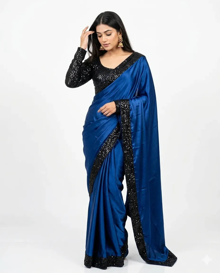 Blue Shamoz Silk Sequence Saree Set 7 Yard Blouse & Sleeves Blue Shamoz Silk Sequence Saree Set 7 Yard Blouse & Sleeves