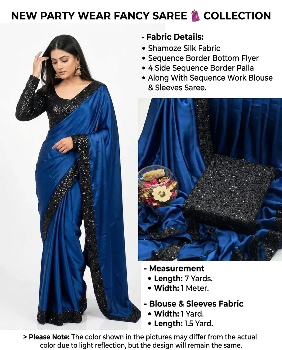 Blue Shamoz Silk Sequence Saree Set 7 Yard Blouse & Sleeves Blue Shamoz Silk Sequence Saree Set 7 Yard Blouse & Sleeves