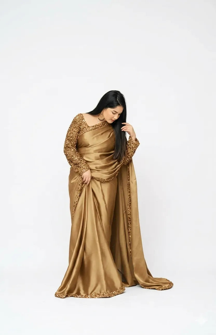 Shamoze Silk Sequence Saree Party Wear Gold Brown Shamoze Silk Sequence Saree Party Wear Gold Brown