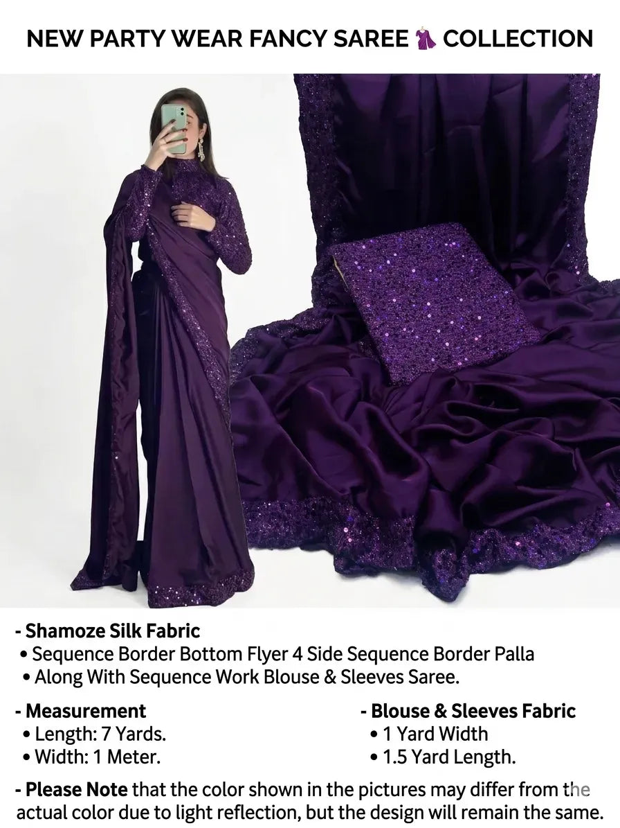 Purple Sequin Embroidered Shamoz Silk Saree Set 7 Yards Purple Sequin Embroidered Shamoz Silk Saree Set 7 Yards