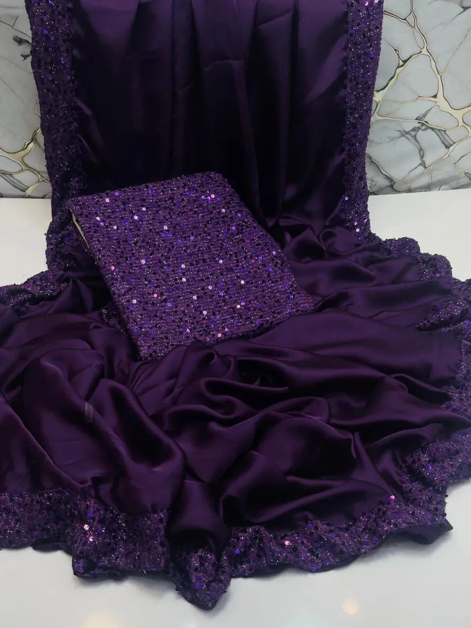 Purple Sequin Embroidered Shamoz Silk Saree Set 7 Yards Purple Sequin Embroidered Shamoz Silk Saree Set 7 Yards