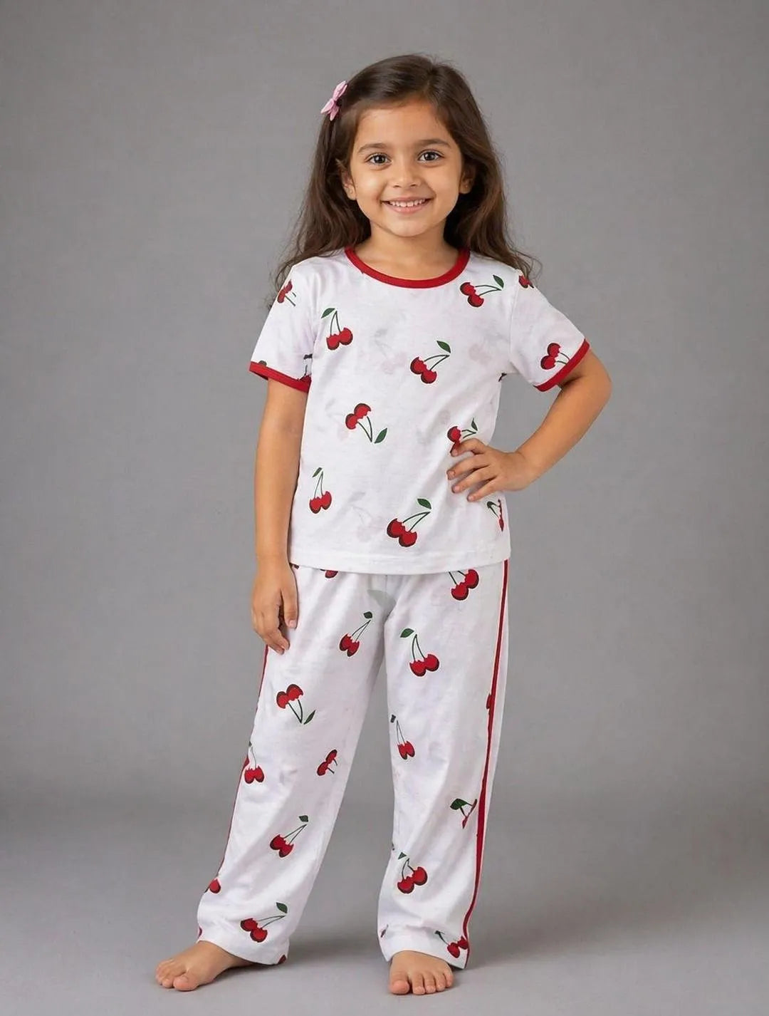 Girls Cotton Rose Print Pajama Set White Red Girls Cotton Rose Print Pajama Set White Red