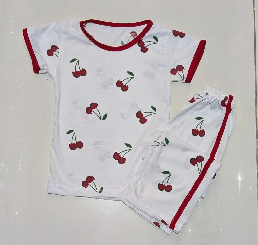 Girls Cotton Rose Print Pajama Set White Red Girls Cotton Rose Print Pajama Set White Red