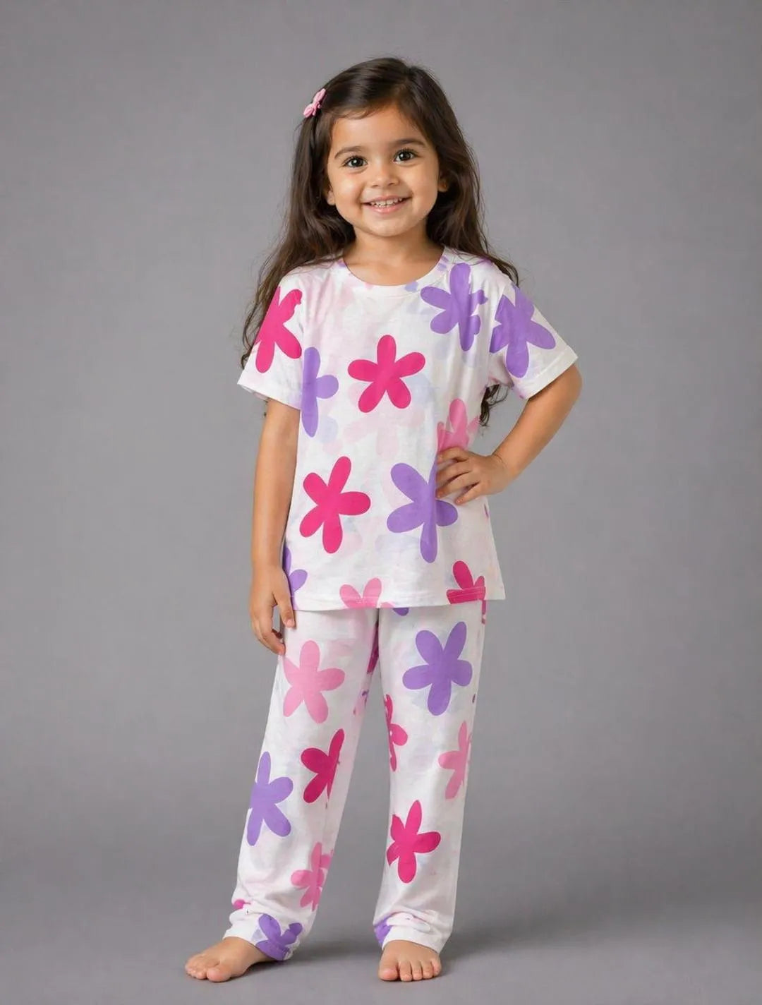 Girls Floral Pajama Set White Pink Purple Girls Floral Pajama Set White Pink Purple