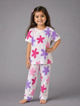 Girls Floral Pajama Set White Pink Purple
