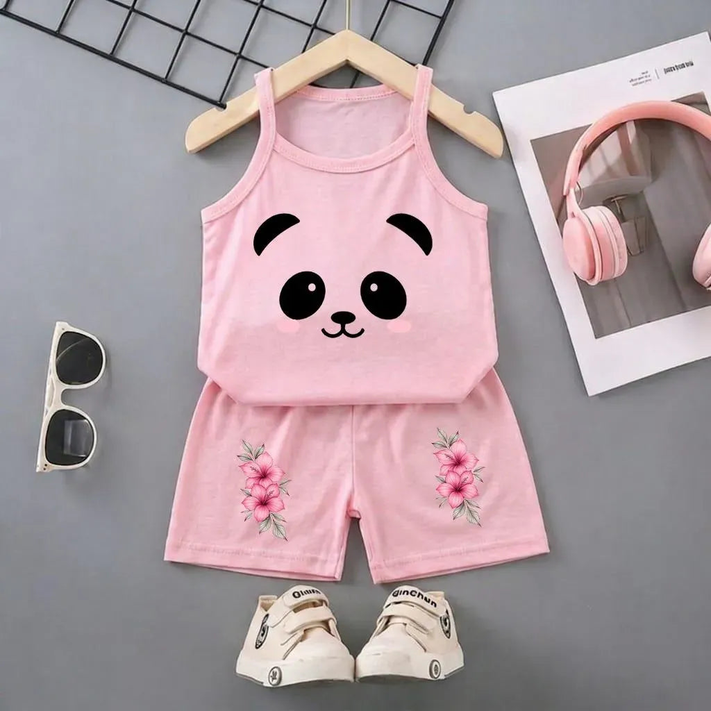 Pink Panda Bear Sleeveless Set for Girls Pink Panda Bear Sleeveless Set for Girls