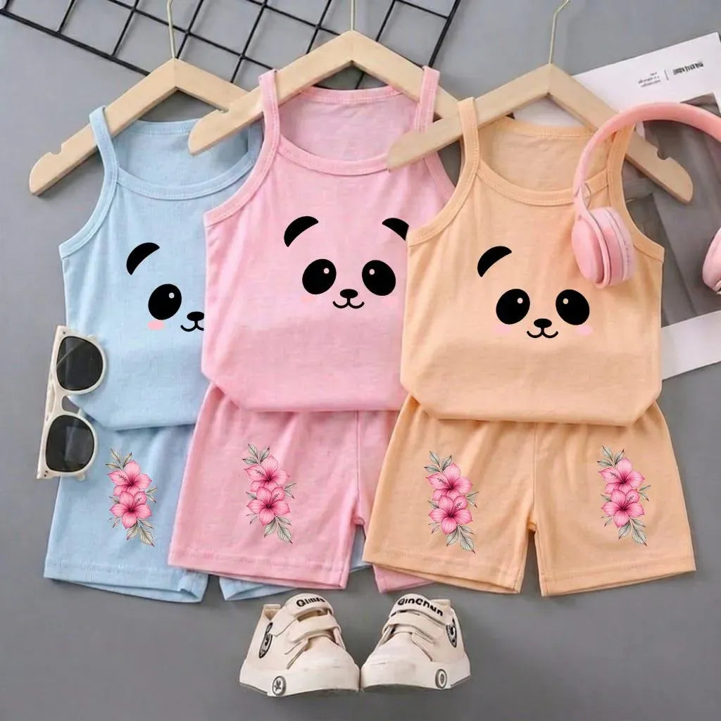 Pink Panda Bear Sleeveless Set for Girls Pink Panda Bear Sleeveless Set for Girls
