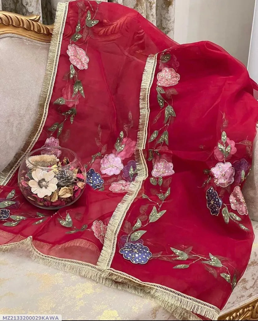 Elegant Red Organza Dupatta with Hand Embroidery & Beaded Detailing - 1 Pc Elegant Red Organza Dupatta with Hand Embroidery & Beaded Detailing - 1 Pc