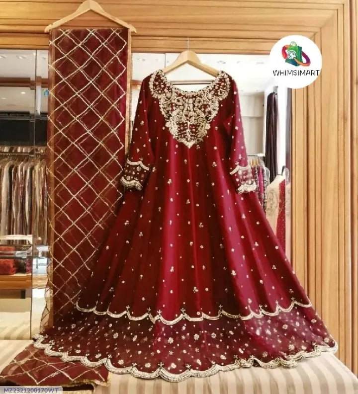 Maroon Heavy Embroidered Shamose Silk Maxi Dress 3Pcs Party Wear Maroon Heavy Embroidered Shamose Silk Maxi Dress 3Pcs Party Wear