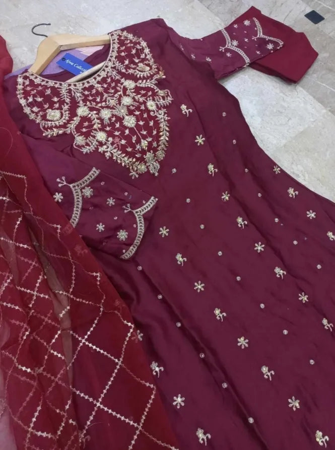 Maroon Heavy Embroidered Shamose Silk Maxi Dress 3Pcs Party Wear Maroon Heavy Embroidered Shamose Silk Maxi Dress 3Pcs Party Wear