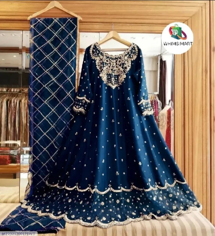 Blue Heavy Embroidered Shamose Silk Maxi Dress 3Pcs Party Wear Blue Heavy Embroidered Shamose Silk Maxi Dress 3Pcs Party Wear