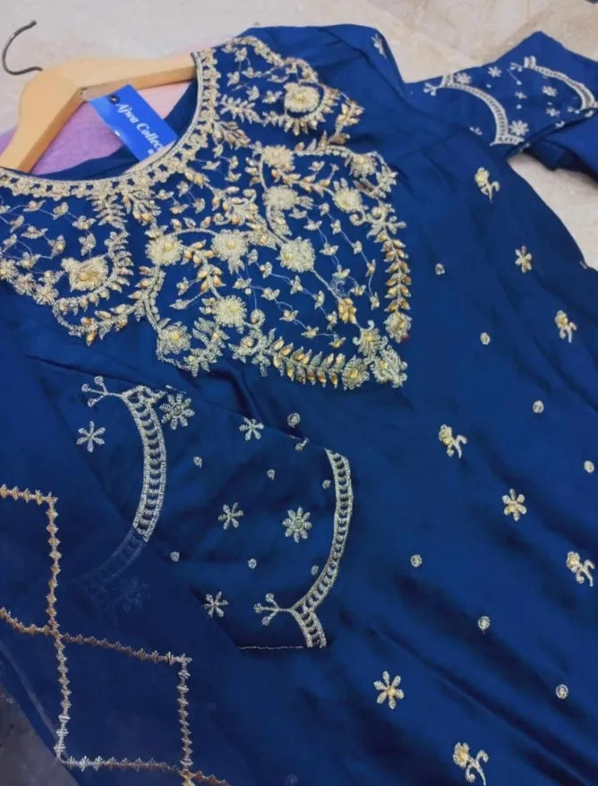 Blue Heavy Embroidered Shamose Silk Maxi Dress 3Pcs Party Wear Blue Heavy Embroidered Shamose Silk Maxi Dress 3Pcs Party Wear