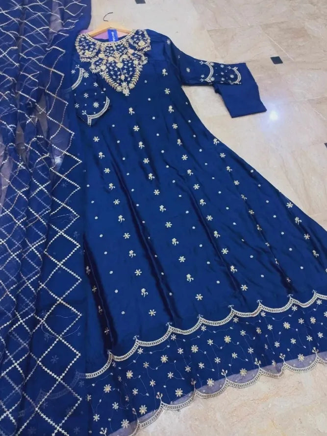 Blue Heavy Embroidered Shamose Silk Maxi Dress 3Pcs Party Wear Blue Heavy Embroidered Shamose Silk Maxi Dress 3Pcs Party Wear