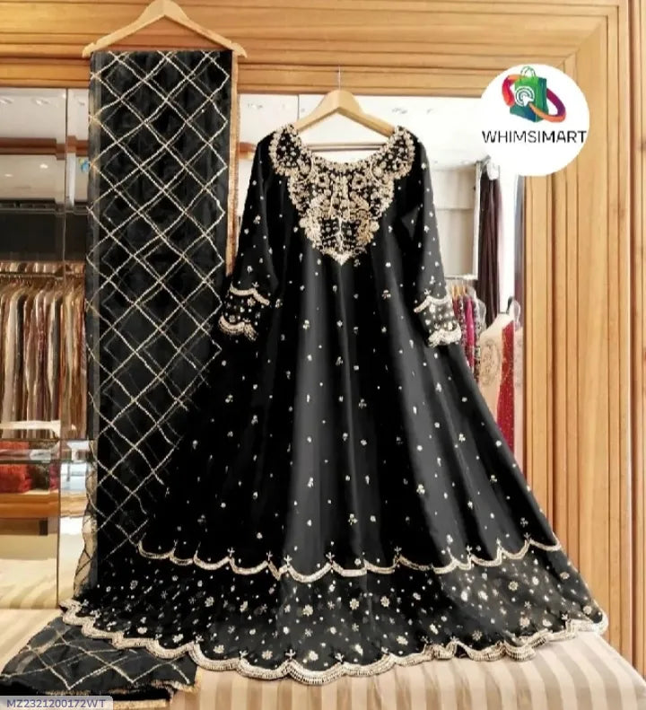 Black Heavy Embroidered Shamose Silk Maxi Dress 3Pcs Party Wear Black Heavy Embroidered Shamose Silk Maxi Dress 3Pcs Party Wear