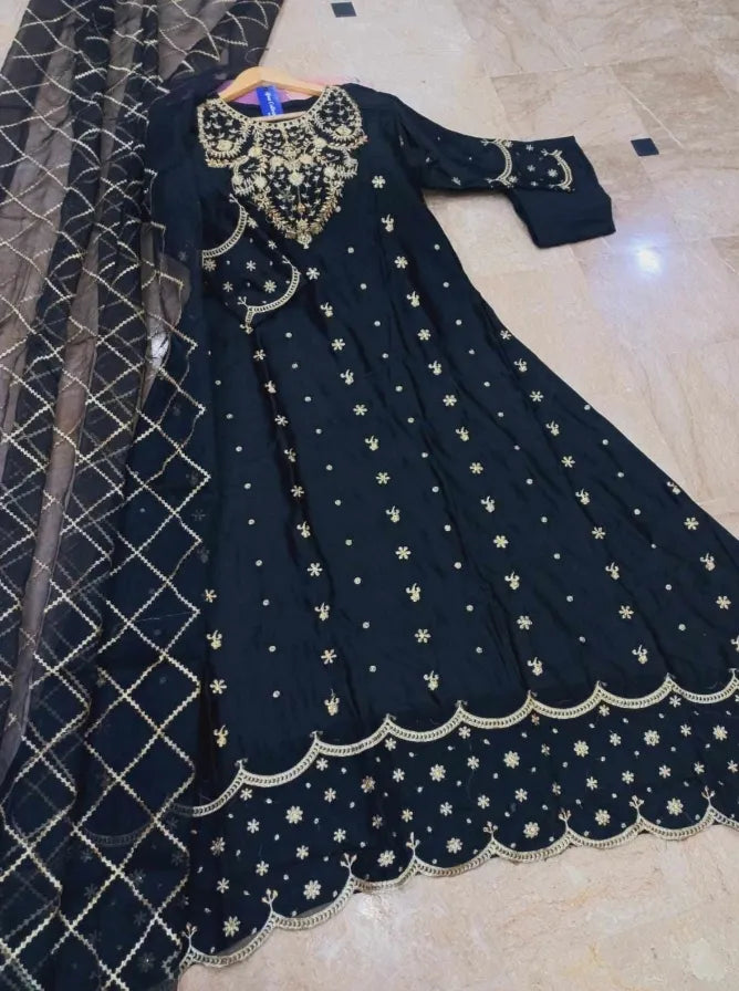 Black Heavy Embroidered Shamose Silk Maxi Dress 3Pcs Party Wear Black Heavy Embroidered Shamose Silk Maxi Dress 3Pcs Party Wear