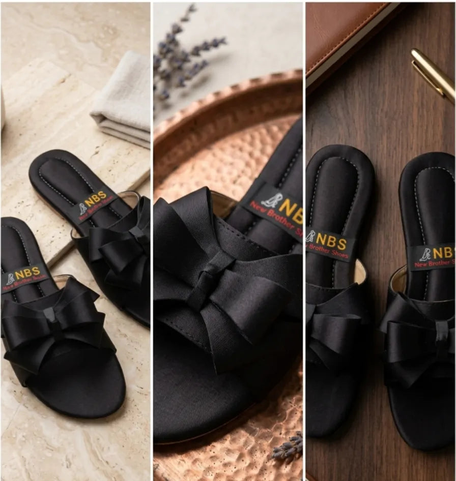 Black Bow Flat Sandals for Women Synthetic Leather Black Bow Flat Sandals for Women Synthetic Leather