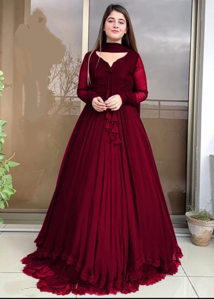 Women Maroon Chiffon Maxi Suit 3 Pcs Round Neck Women Maroon Chiffon Maxi Suit 3 Pcs Round Neck