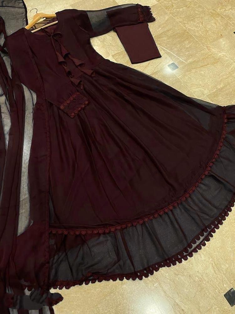 Women Maroon Chiffon Maxi Suit 3 Pcs Round Neck Women Maroon Chiffon Maxi Suit 3 Pcs Round Neck