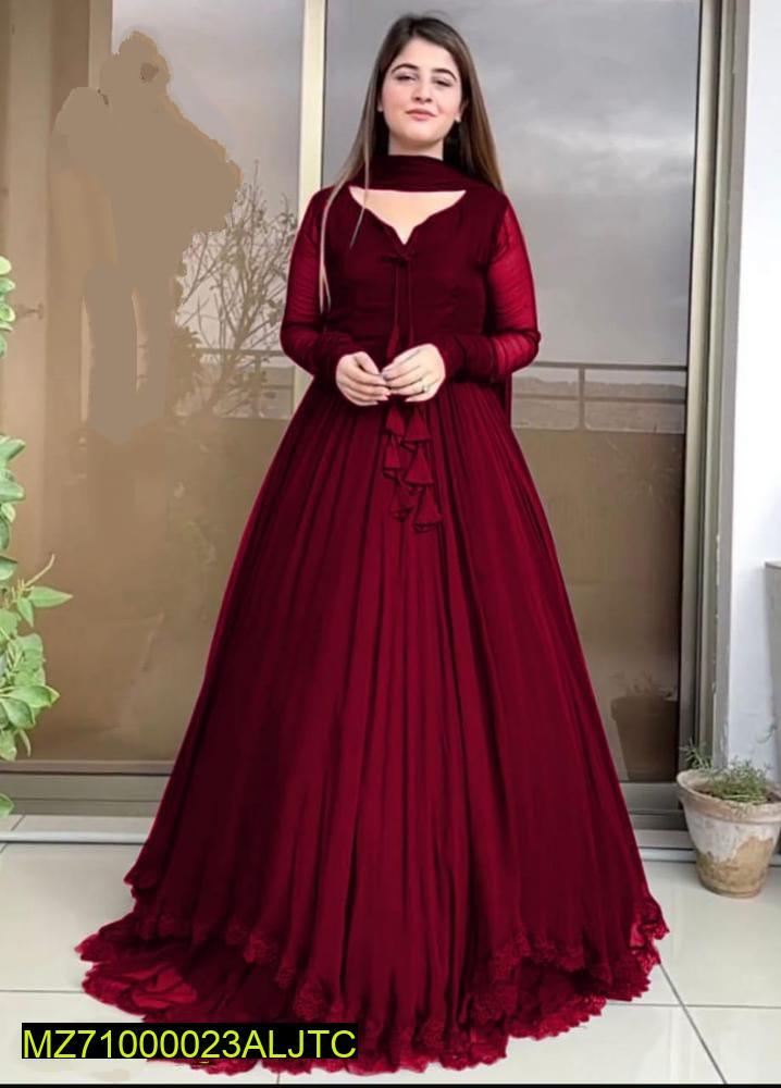 Women Maroon Chiffon Maxi Suit 3 Pcs Round Neck Women Maroon Chiffon Maxi Suit 3 Pcs Round Neck