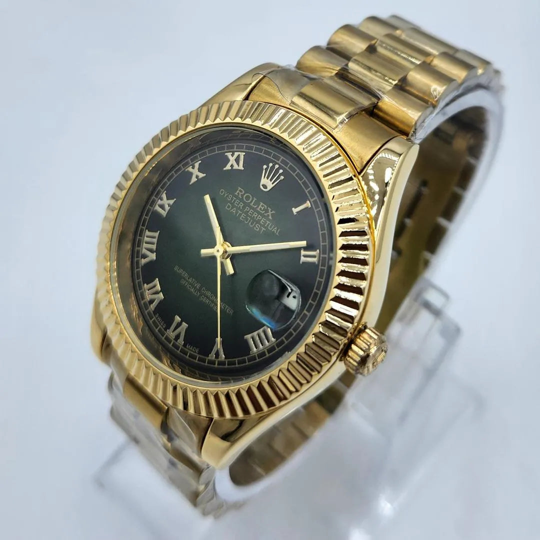 Oyster Watch Gold Rolex Fluted Bezel Olive Green Dial Oyster Watch Gold Rolex Fluted Bezel Olive Green Dial