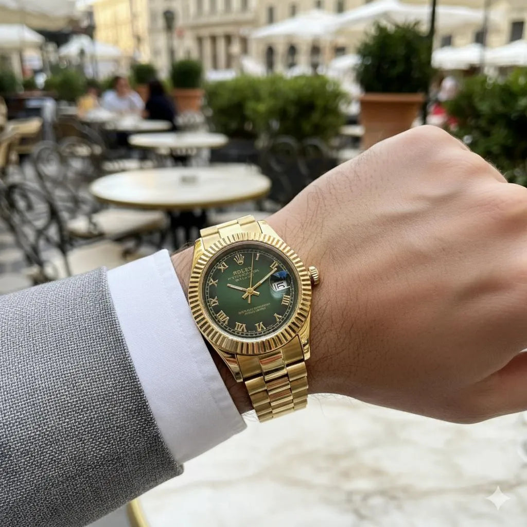 Oyster Watch Gold Rolex Fluted Bezel Olive Green Dial Oyster Watch Gold Rolex Fluted Bezel Olive Green Dial