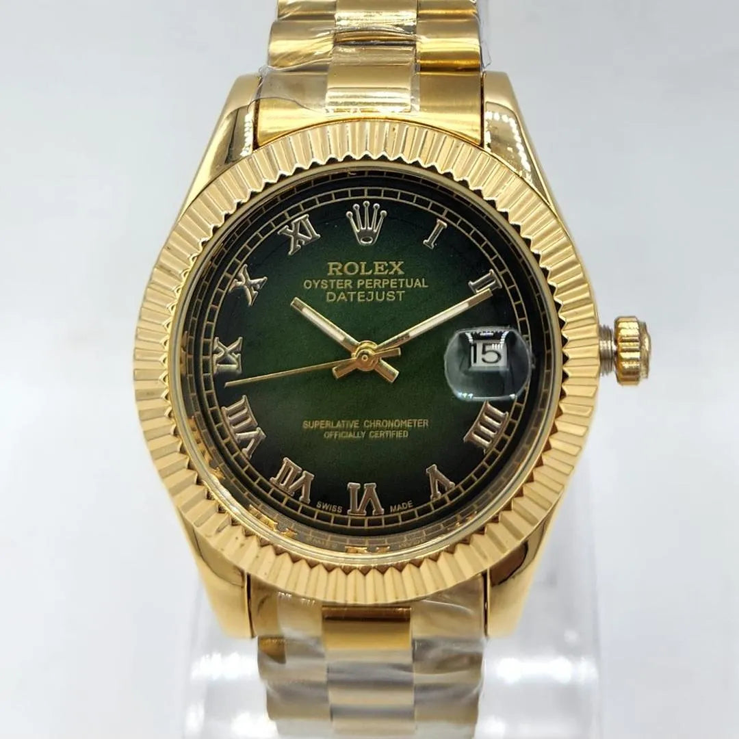 Oyster Watch Gold Rolex Fluted Bezel Olive Green Dial Oyster Watch Gold Rolex Fluted Bezel Olive Green Dial
