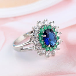 Blue Green Zircon Flower Ring for Women