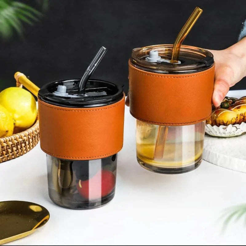 Bamboo Joint Glass Cup with Lid & Straw | 13oz Can-Shaped Tumbler with Leather Sleeve Bamboo Joint Glass Cup with Lid & Straw | 13oz Can-Shaped Tumbler with Leather Sleeve