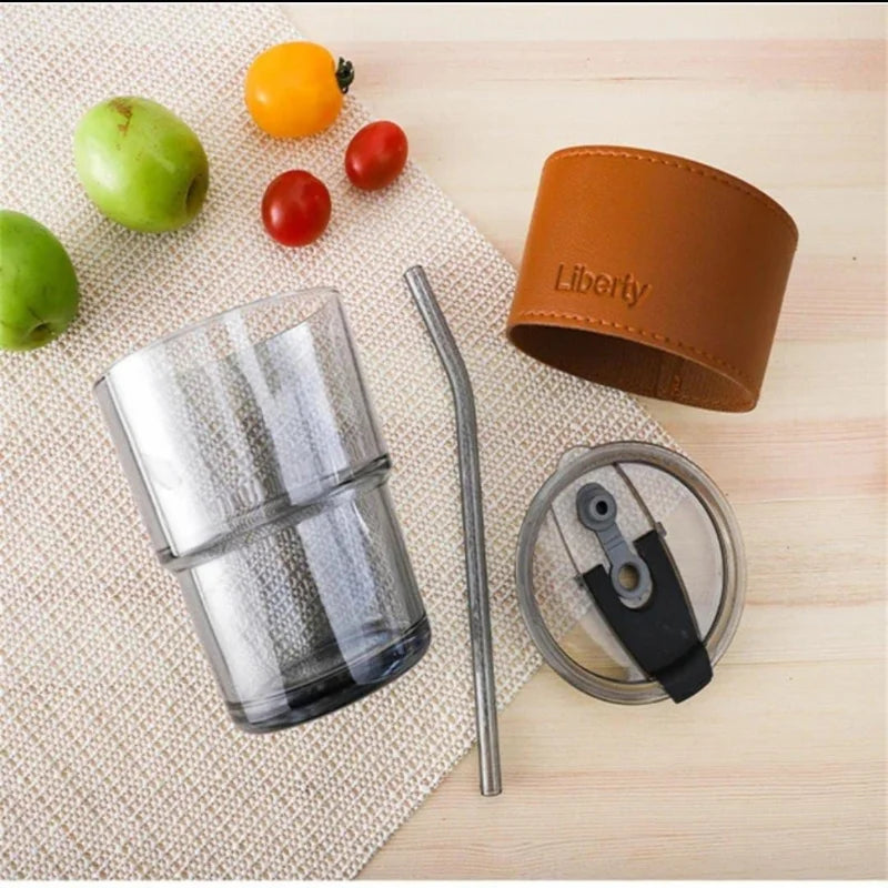 Bamboo Joint Glass Cup with Lid & Straw | 13oz Can-Shaped Tumbler with Leather Sleeve Bamboo Joint Glass Cup with Lid & Straw | 13oz Can-Shaped Tumbler with Leather Sleeve