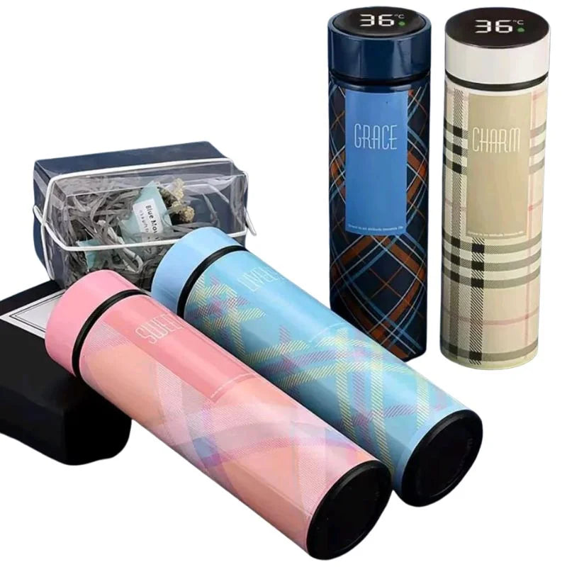 LED Temperature Display Water Bottle | Checkered Design | Smart Stainless Steel Vacuum 500ml Flask | Random Color LED Temperature Display Water Bottle | Checkered Design | Smart Stainless Steel Vacuum 500ml Flask | Random Color
