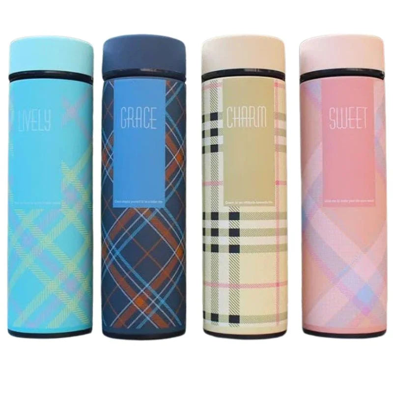LED Temperature Display Water Bottle | Checkered Design | Smart Stainless Steel Vacuum 500ml Flask | Random Color LED Temperature Display Water Bottle | Checkered Design | Smart Stainless Steel Vacuum 500ml Flask | Random Color