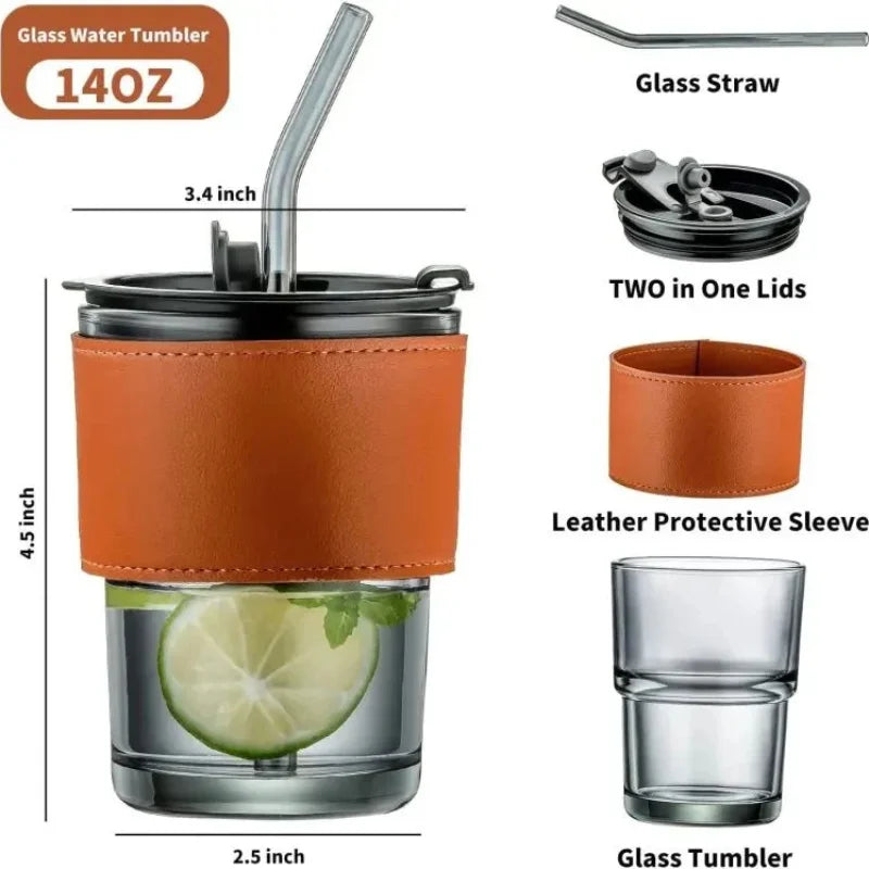 Bamboo Joint Glass Cup with Lid & Straw | 13oz Can-Shaped Tumbler with Leather Sleeve Bamboo Joint Glass Cup with Lid & Straw | 13oz Can-Shaped Tumbler with Leather Sleeve