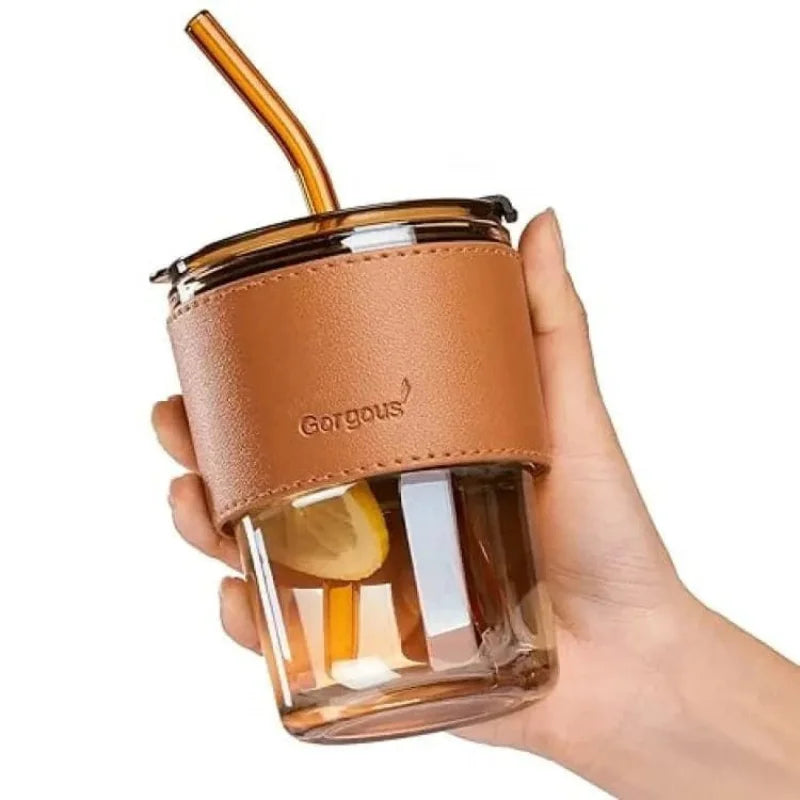 Bamboo Joint Glass Cup with Lid & Straw | 13oz Can-Shaped Tumbler with Leather Sleeve Bamboo Joint Glass Cup with Lid & Straw | 13oz Can-Shaped Tumbler with Leather Sleeve