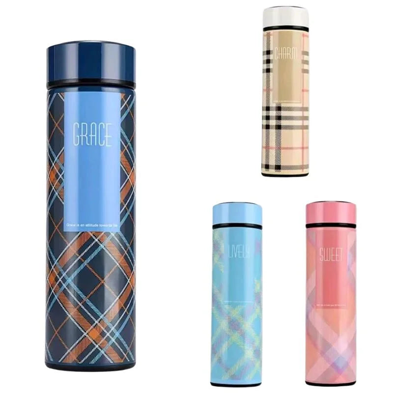 LED Temperature Display Water Bottle | Checkered Design | Smart Stainless Steel Vacuum 500ml Flask | Random Color LED Temperature Display Water Bottle | Checkered Design | Smart Stainless Steel Vacuum 500ml Flask | Random Color