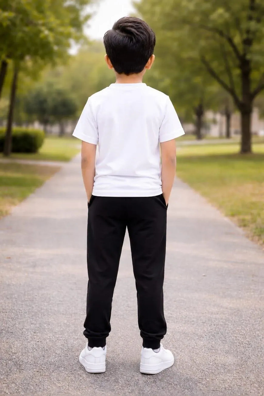 Kids Printed Tracksuit Set White Black Cotton Stretchable
