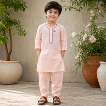 Boy's Cotton Embroidered Kurta Shalwar Set Pink