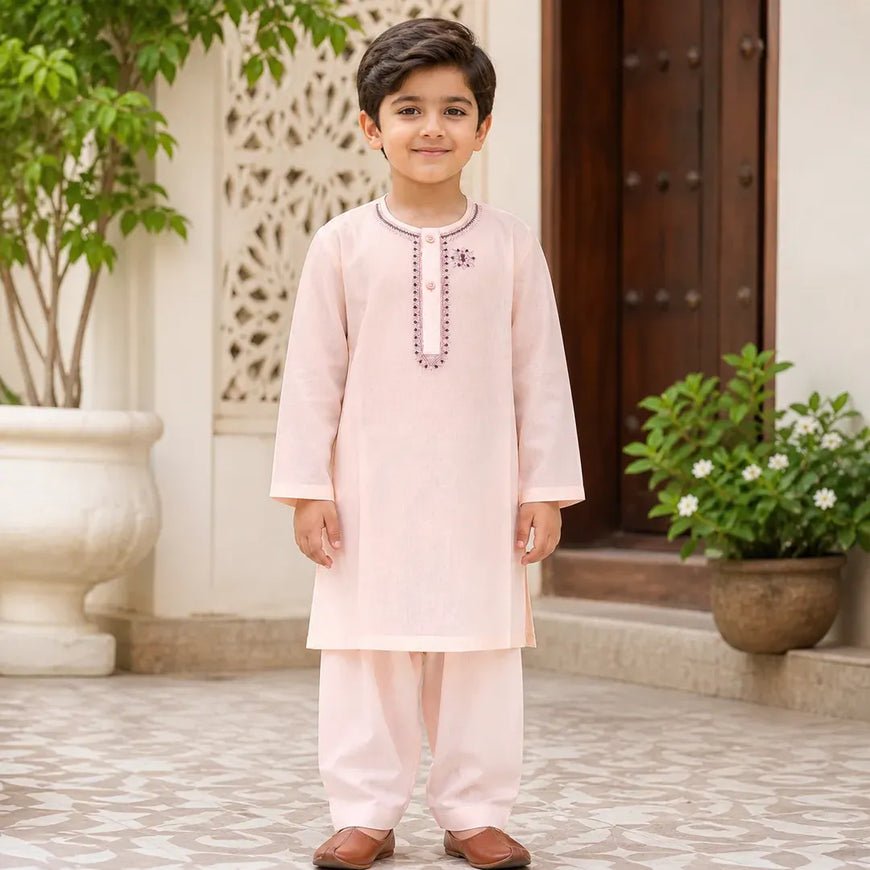 Boy's Cotton Embroidered Kurta Shalwar Set Pink