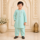 Boy's Cotton Embroidered Kurta Shalwar Set Mint Green 6-12M