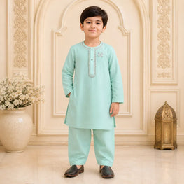 Boy's Cotton Embroidered Kurta Shalwar Set Mint Green 6-12M